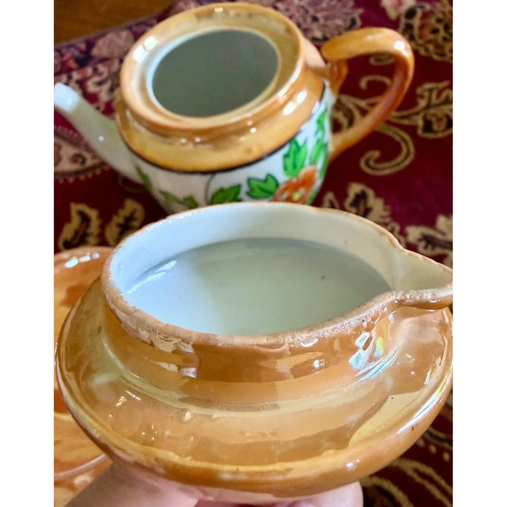 Japanese Lusterware Teapot Cup Saucer Set, Hand Painted Floral Made in Japan